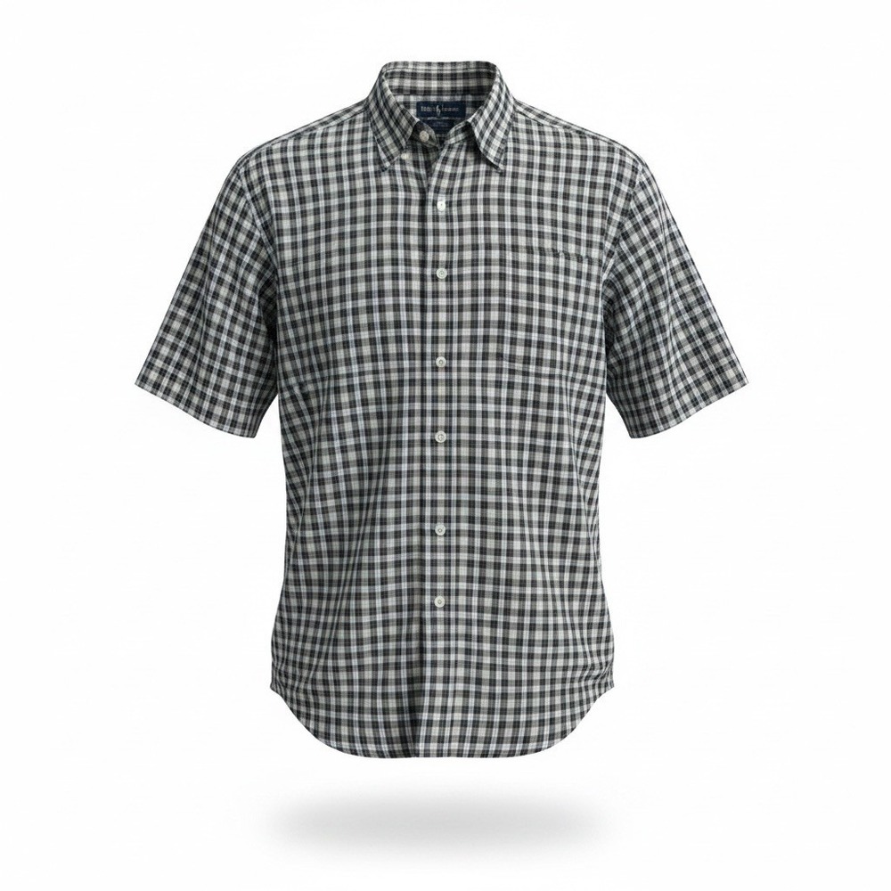 Ralph Lauren Blaire Men's XL Navy Small Plaid Cotton Short Sleeve Button Down